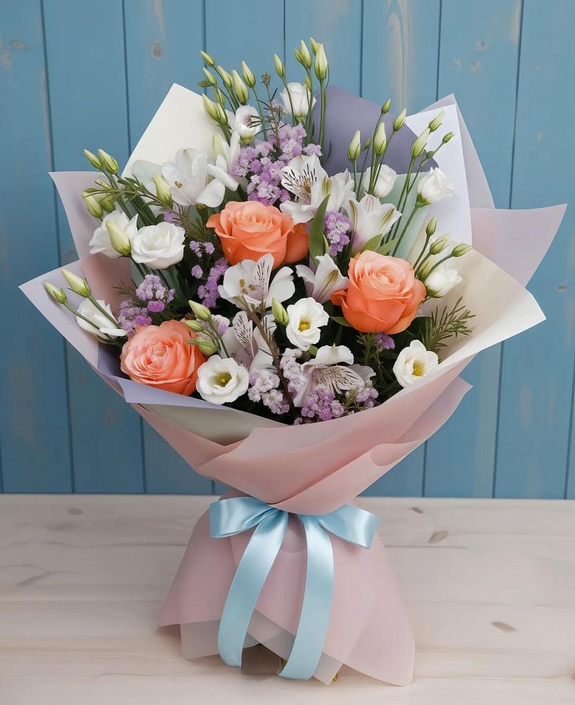 Букет цветов из: Лизиантусы, Розы, Альстромерии и Гипсофила в Желябино